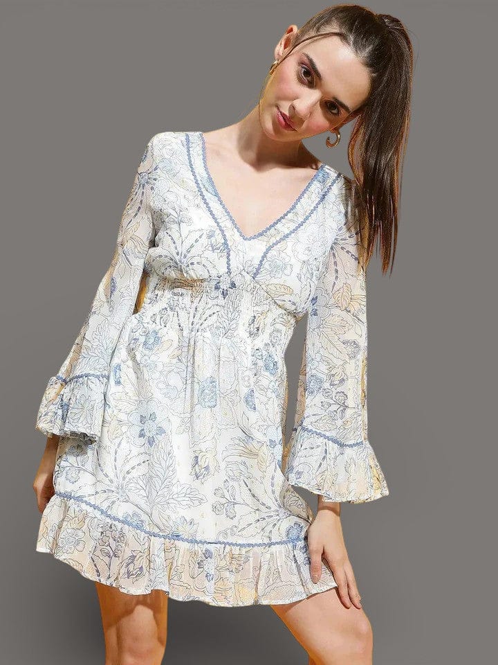 Floral Print Dress - Women's Party Wear White Lace Smocked Waist Dress