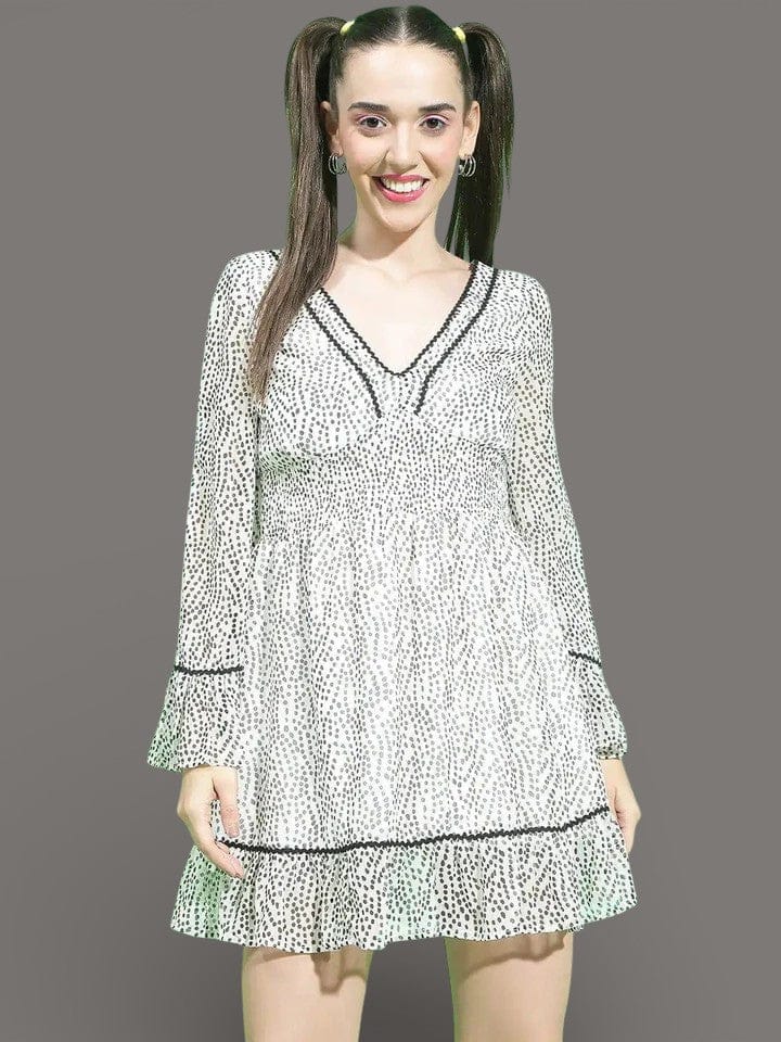 White Dot Print Dress - Smocked Waist Lace Detailed Above Knee Bell Sleeve