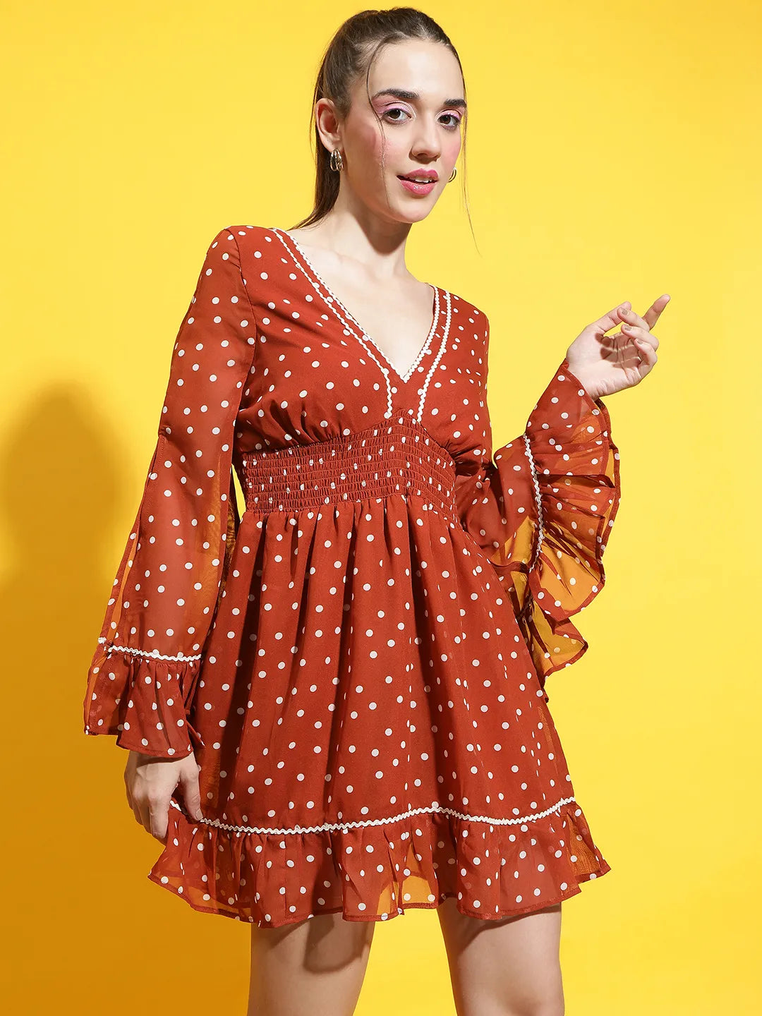 Matic Brown Polka Dot Print Smocked Lace Detailed Dress