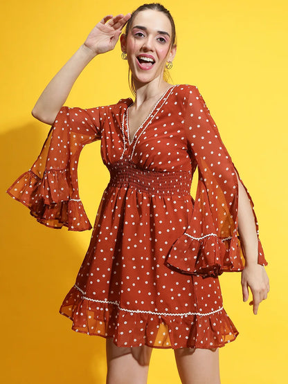 Matic Brown Polka Dot Print Smocked Lace Detailed Dress