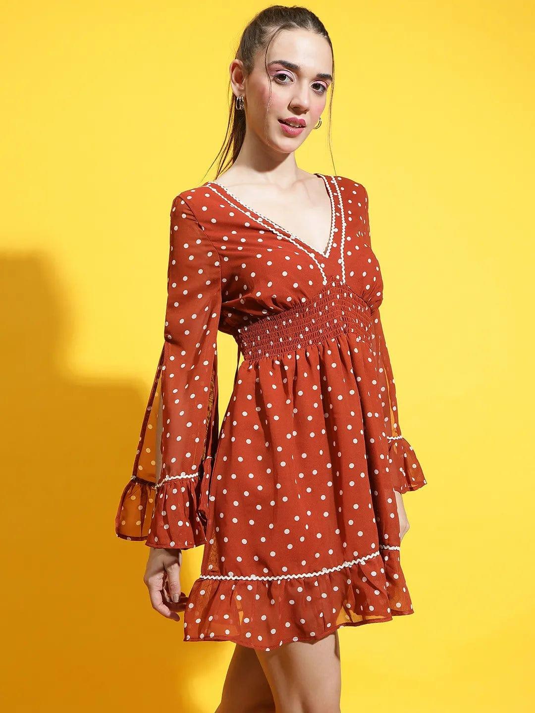 Matic Brown Polka Dot Print Smocked Lace Detailed Women Dress