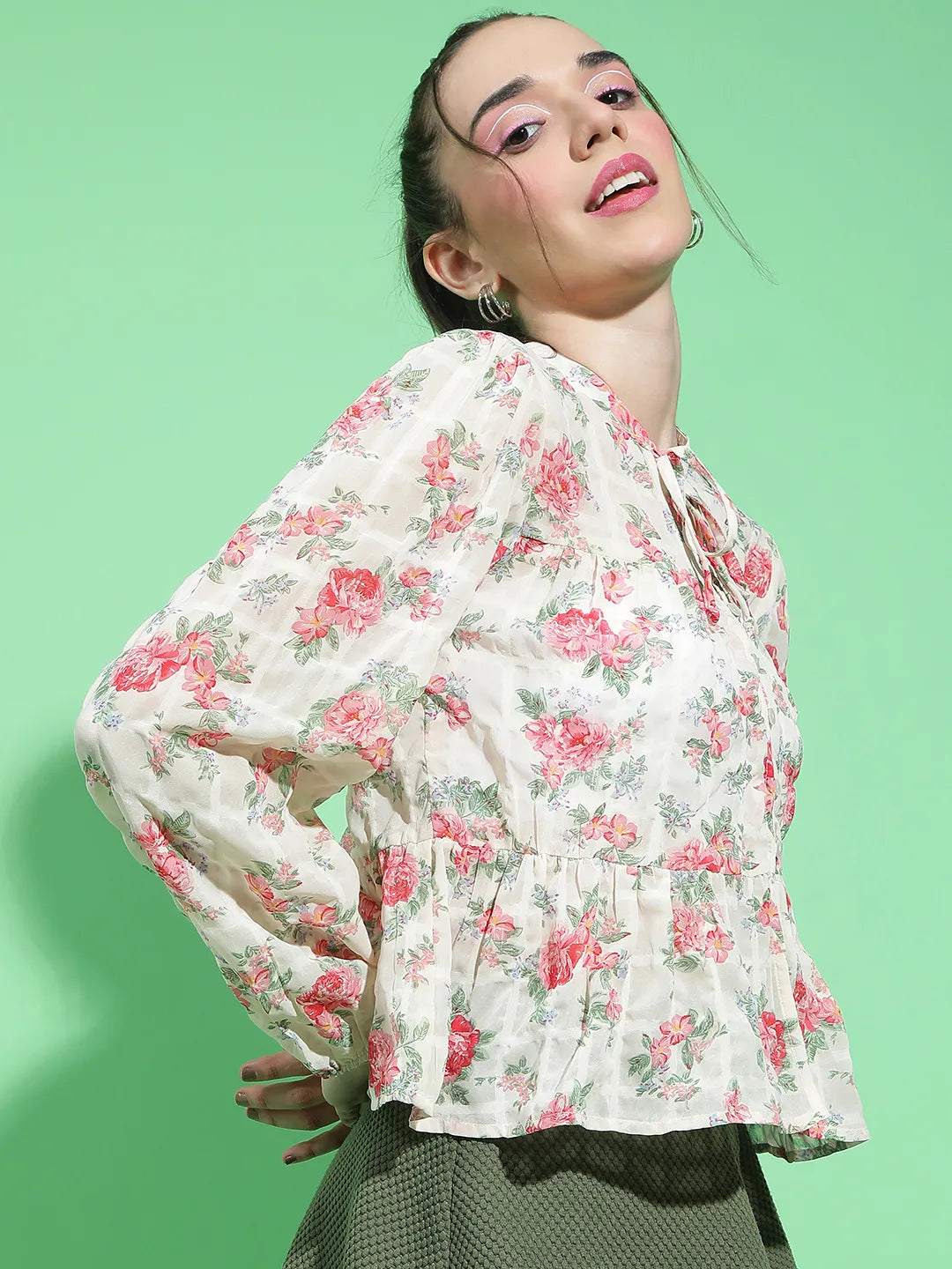 Beautiful White Floral Print Long Sleeve Top