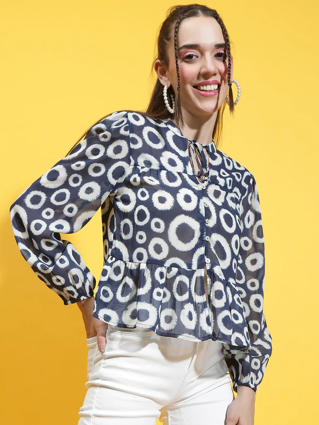 Marine Navy And Printed Long Sleeve Top