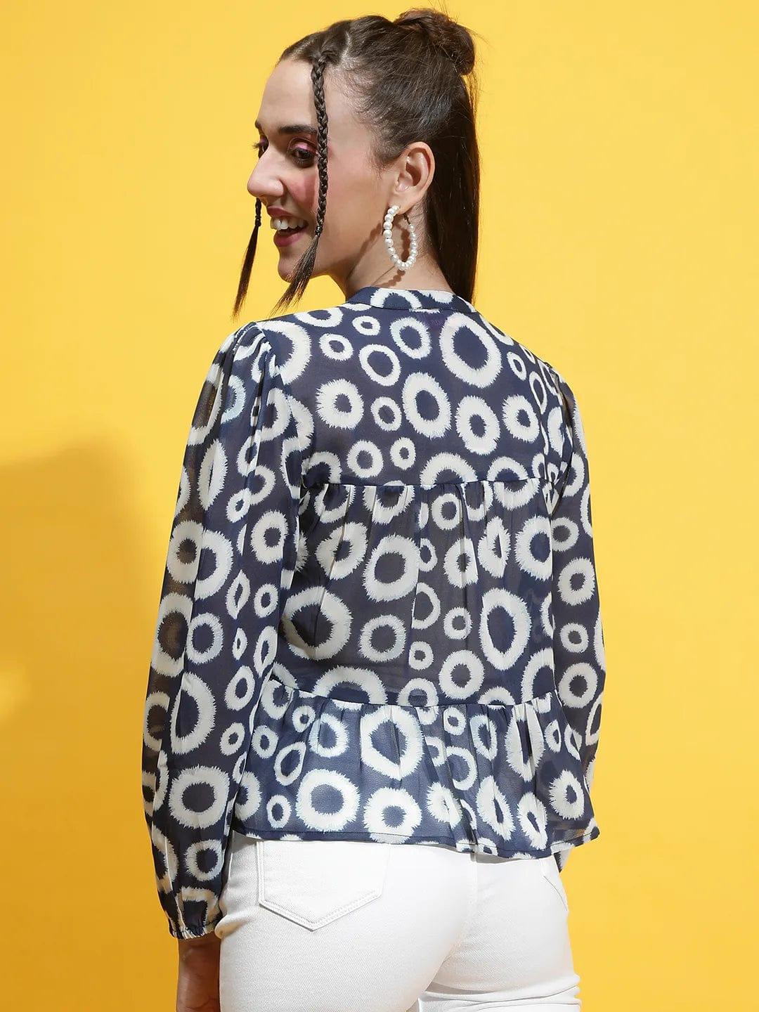 Marine Navy And Printed Long Sleeve Top