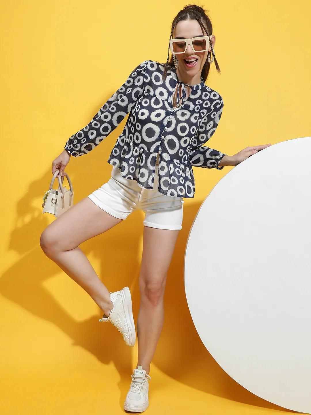 Marine Navy And Printed Long Sleeve Top