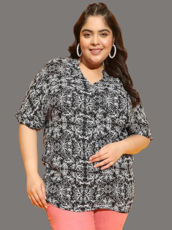 Plus Size Loopy Top - Black Floral Print Summer Shirt With Soft Viscose Fabric