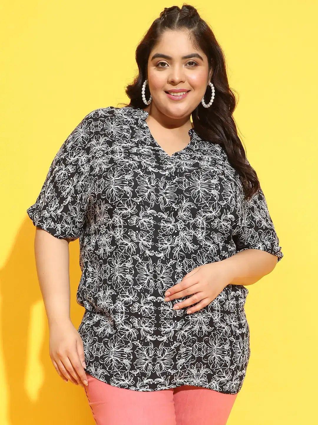 Summer Black Floral Print Short Sleeve Plus Size Loopy Top