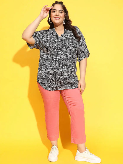 Summer Black Floral Print Short Sleeve Plus Size Top