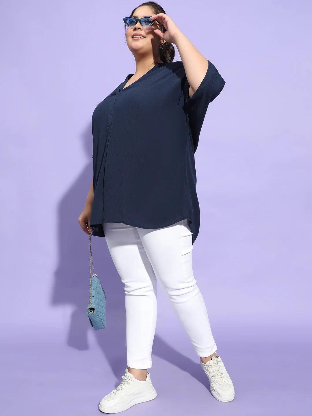 Navy Blue Short Sleeve Plus Size Loopy Top