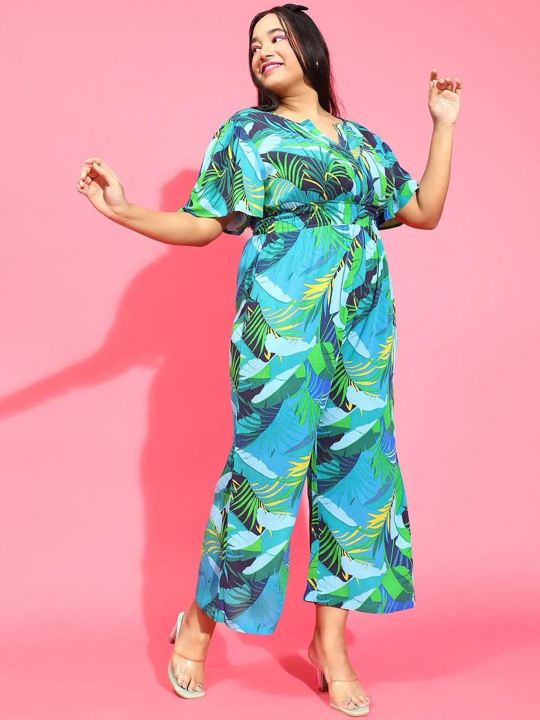 Multicolor Tropical Print Elasticated Button Detailed Plus Size Jumpsuit