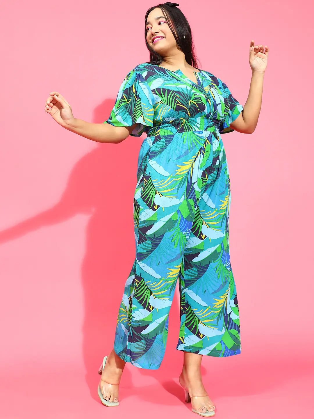 Multicolor Tropical Print Elasticated Button Detailed Jumpsuit