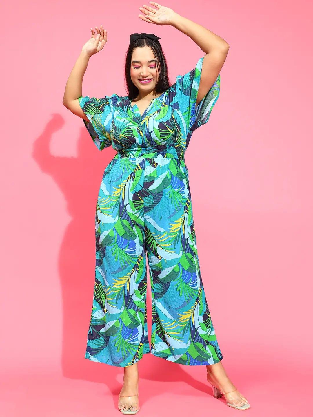 Multicolor Tropical Print Elasticated Button Detailed Plus Size Jumpsuit