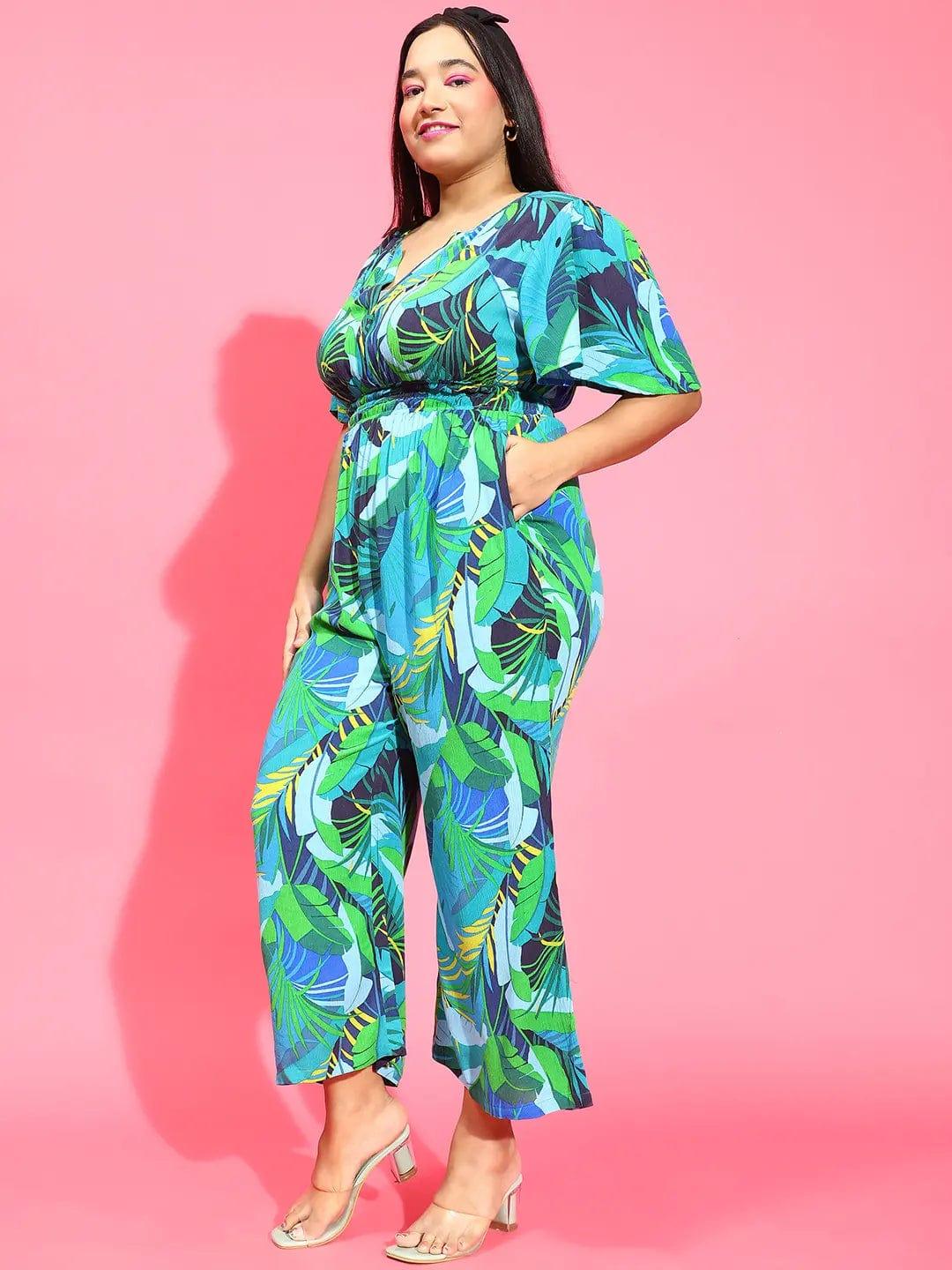 Multicolor Tropical Print Elasticated Button Detailed Plus Size Jumpsuit