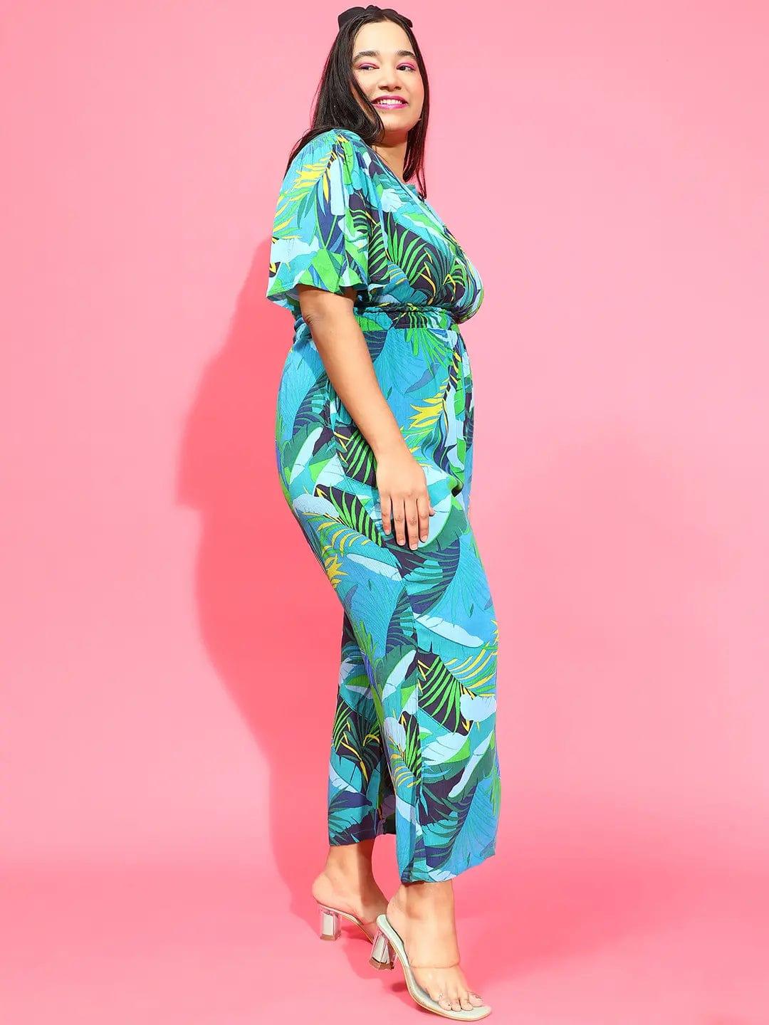 Multicolor Tropical Print Elasticated Button Detailed Plus Size Jumpsuit