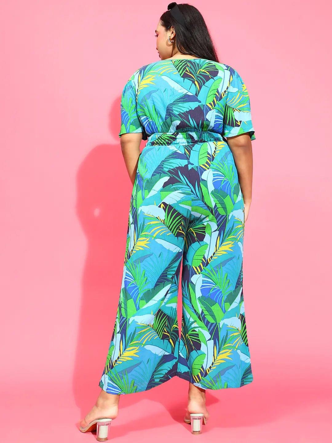 Multicolor Tropical Print Elasticated Button Detailed Plus Size Jumpsuit