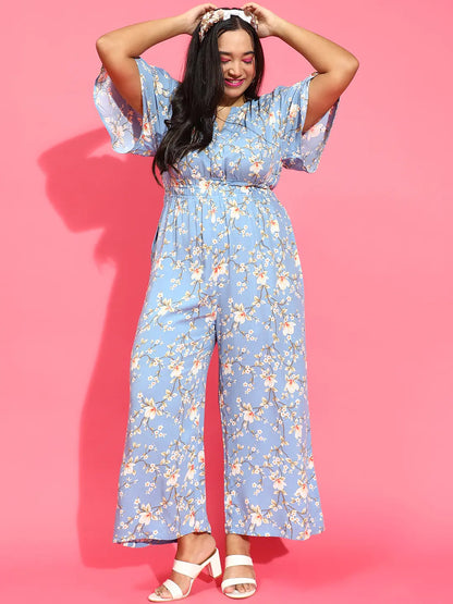 Blue Floral Print Elasticated Button Detailed Jumpsuit