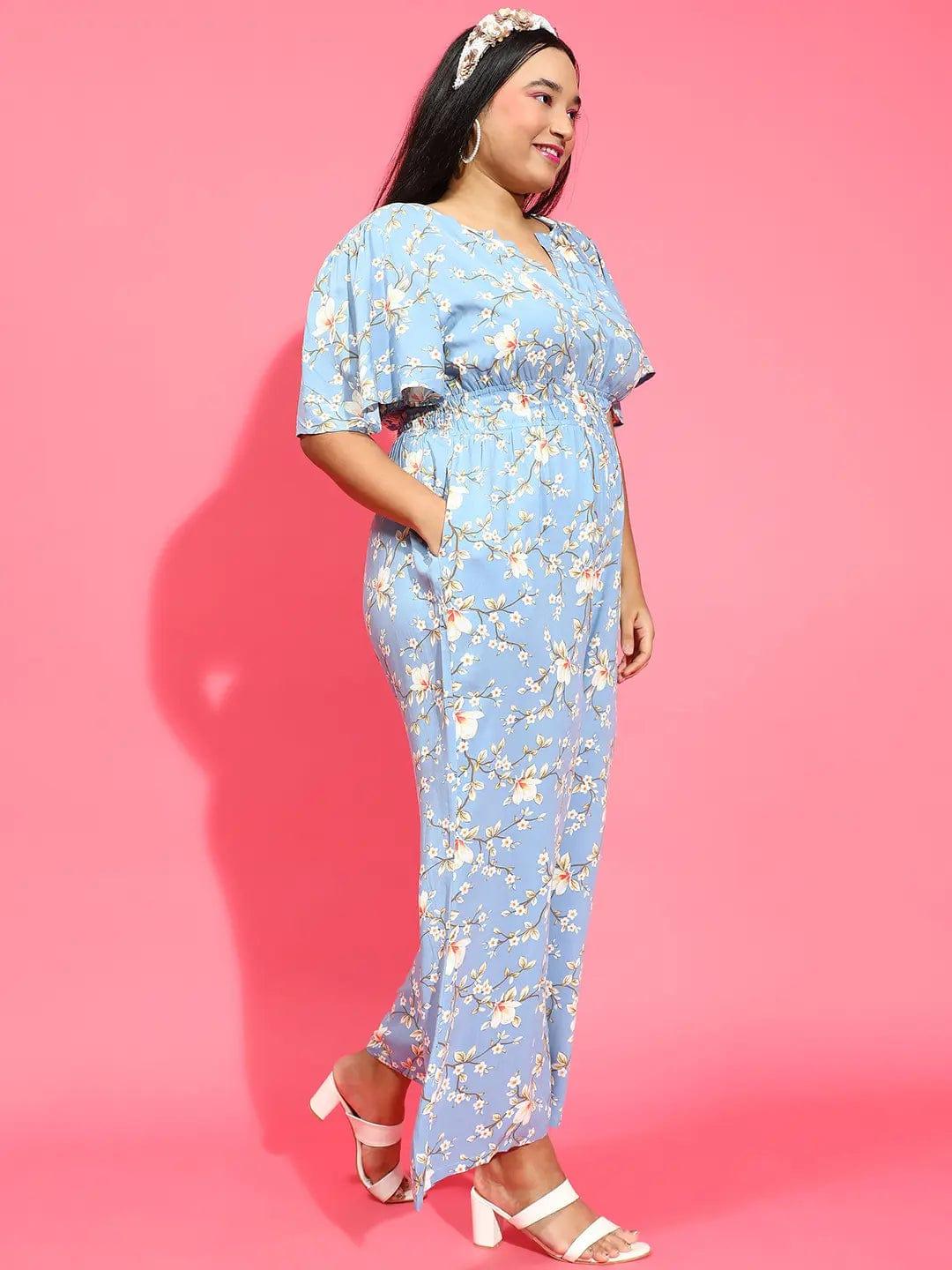 Blue Floral Print Elasticated Button Detailed PLus Size Jumpsuit