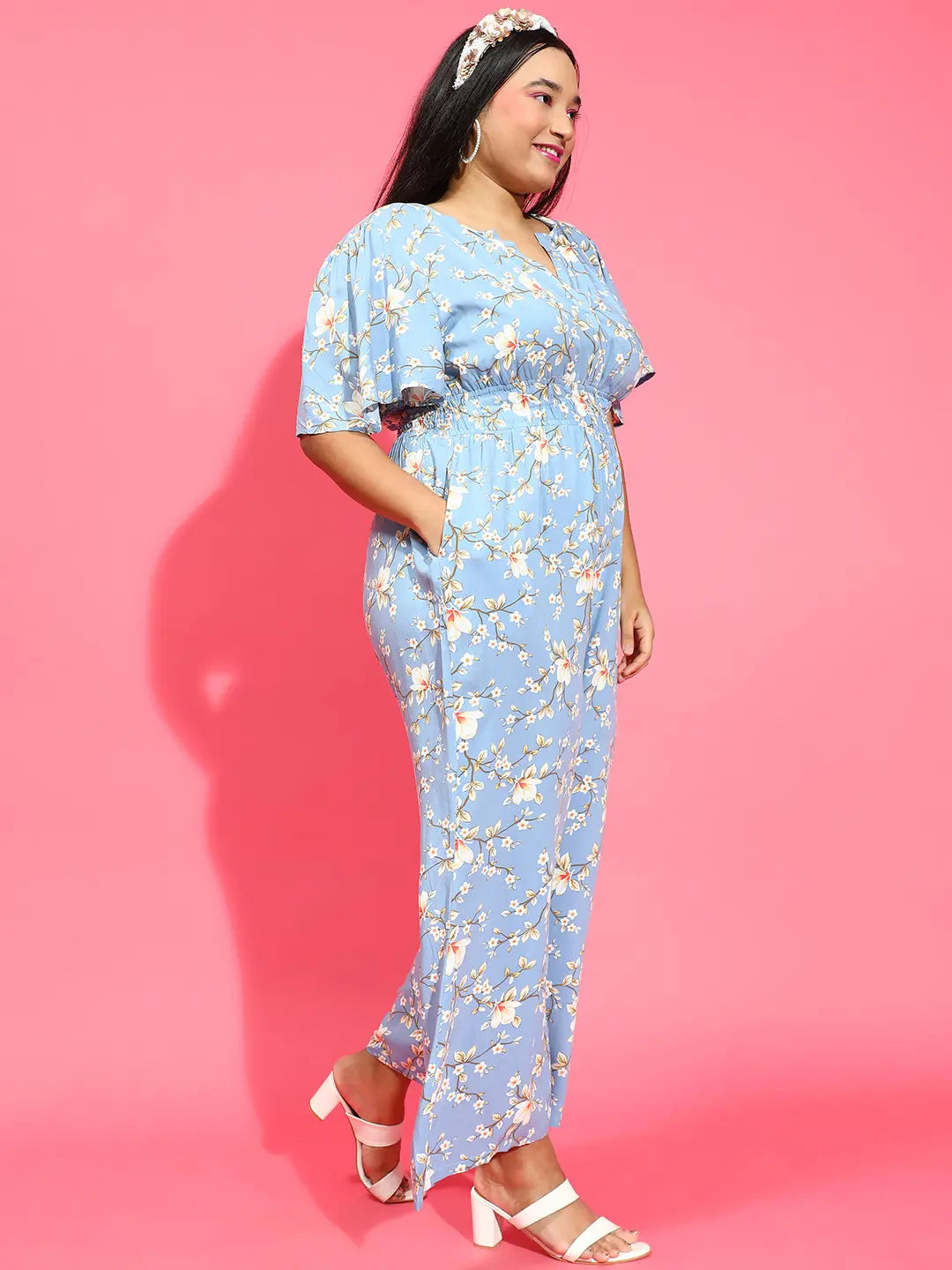 Blue Floral Print Elasticated Button Detailed Jumpsuit