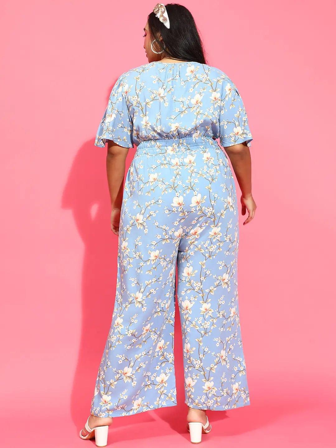 Blue Floral Print Elasticated Button Detailed PLus Size Jumpsuit