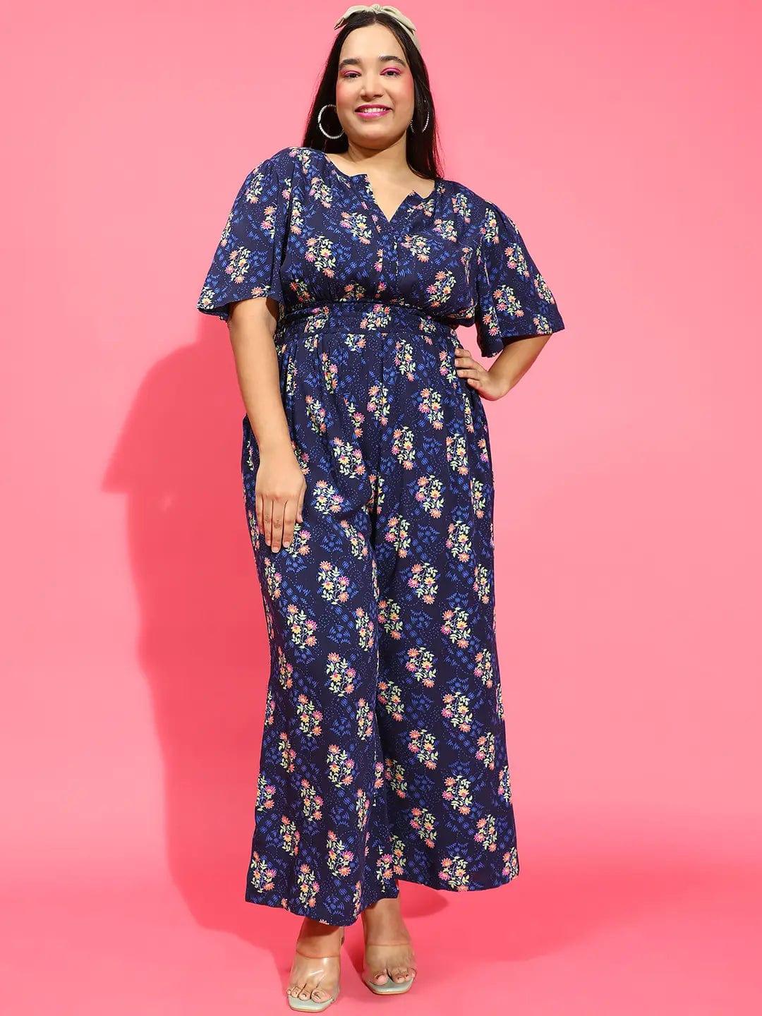 Glowing Navy Blue Floral Print Elasticated Plus Size Jumpsuit