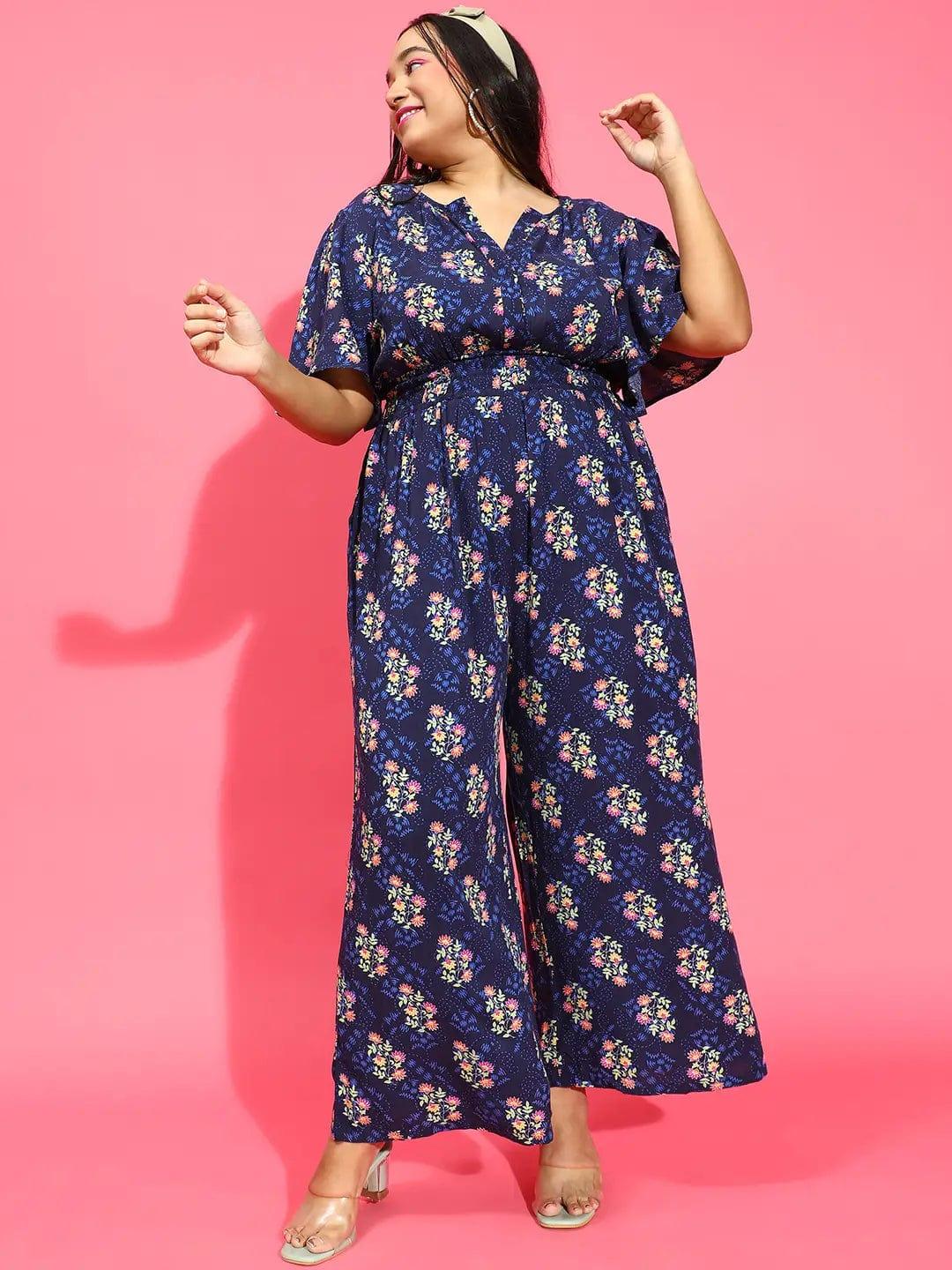 Glowing Navy Blue Floral Print Elasticated Plus Size Jumpsuit