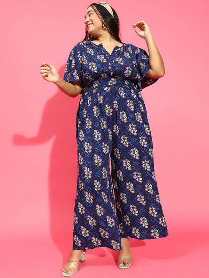 Glowing Navy Blue Floral Print Elasticated Jumpsuit