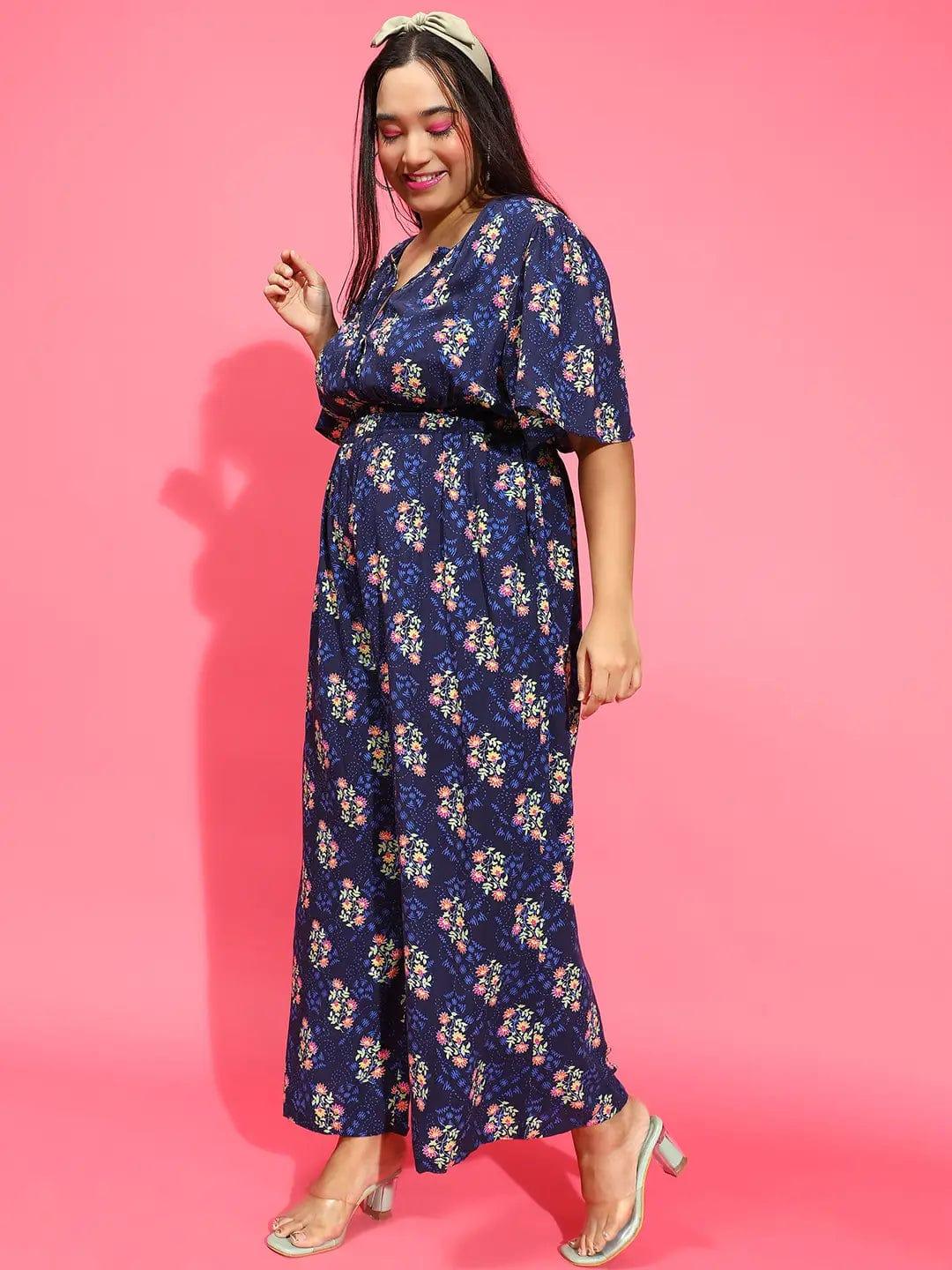 Glowing Navy Blue Floral Print Elasticated Plus Size Jumpsuit