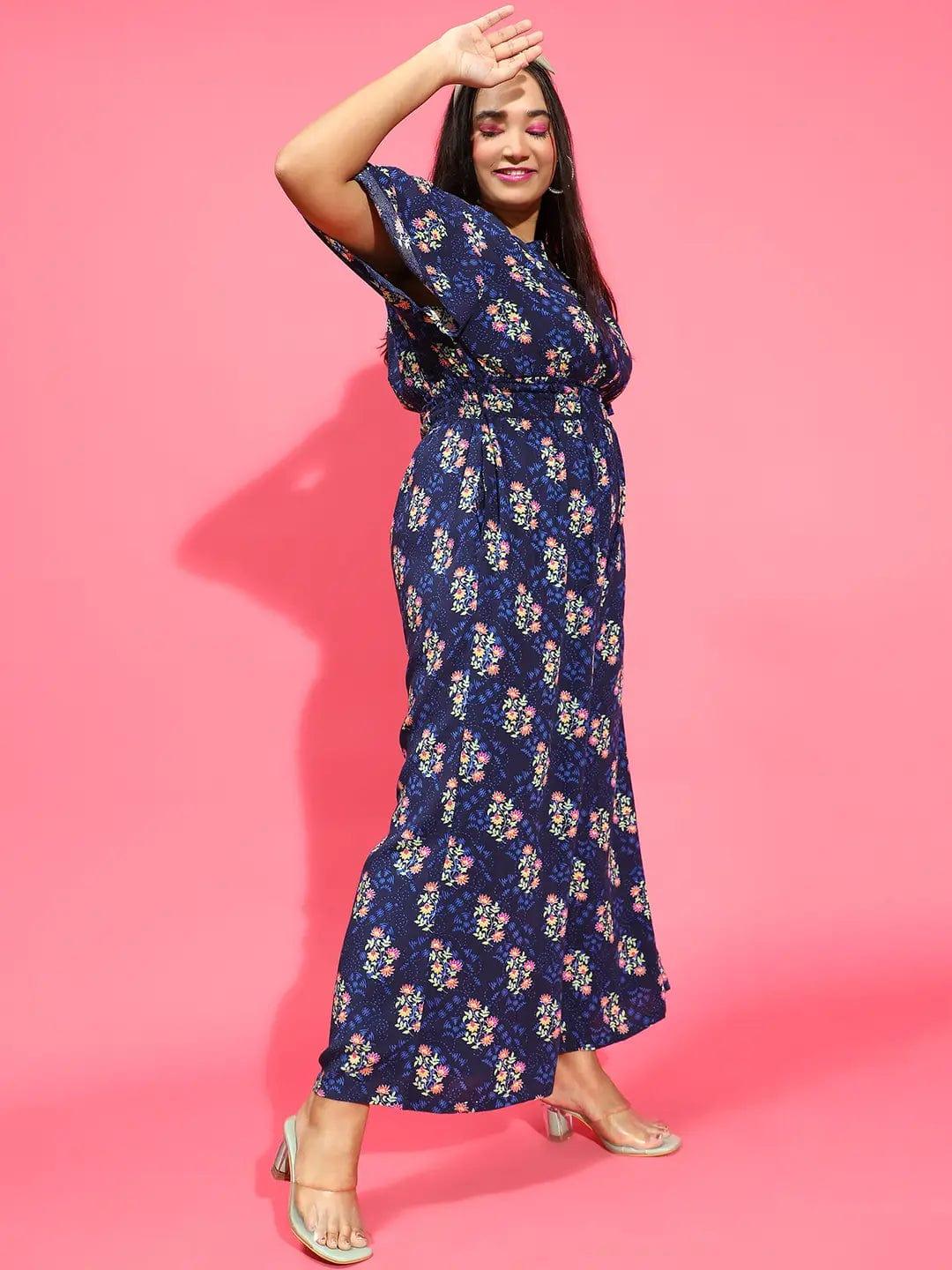 Glowing Navy Blue Floral Print Elasticated Plus Size Jumpsuit