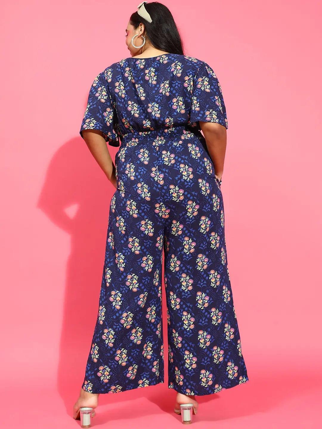 Glowing Navy Blue Floral Print Elasticated Plus Size Jumpsuit