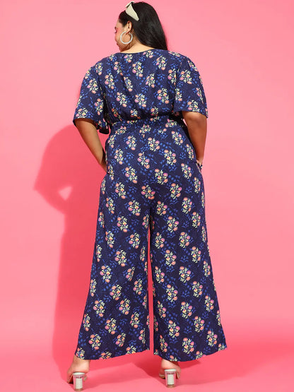 Glowing Navy Blue Floral Print Elasticated Jumpsuit