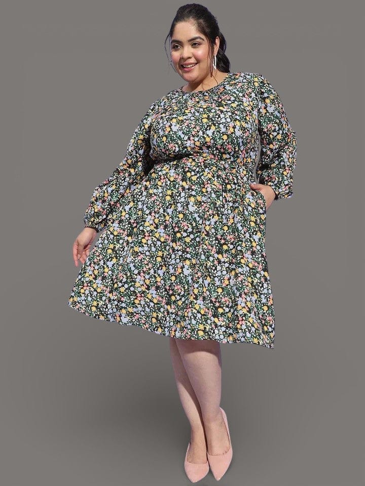 Starlit Multicolor Floral Print  Flare Plus Size Curvy Dress