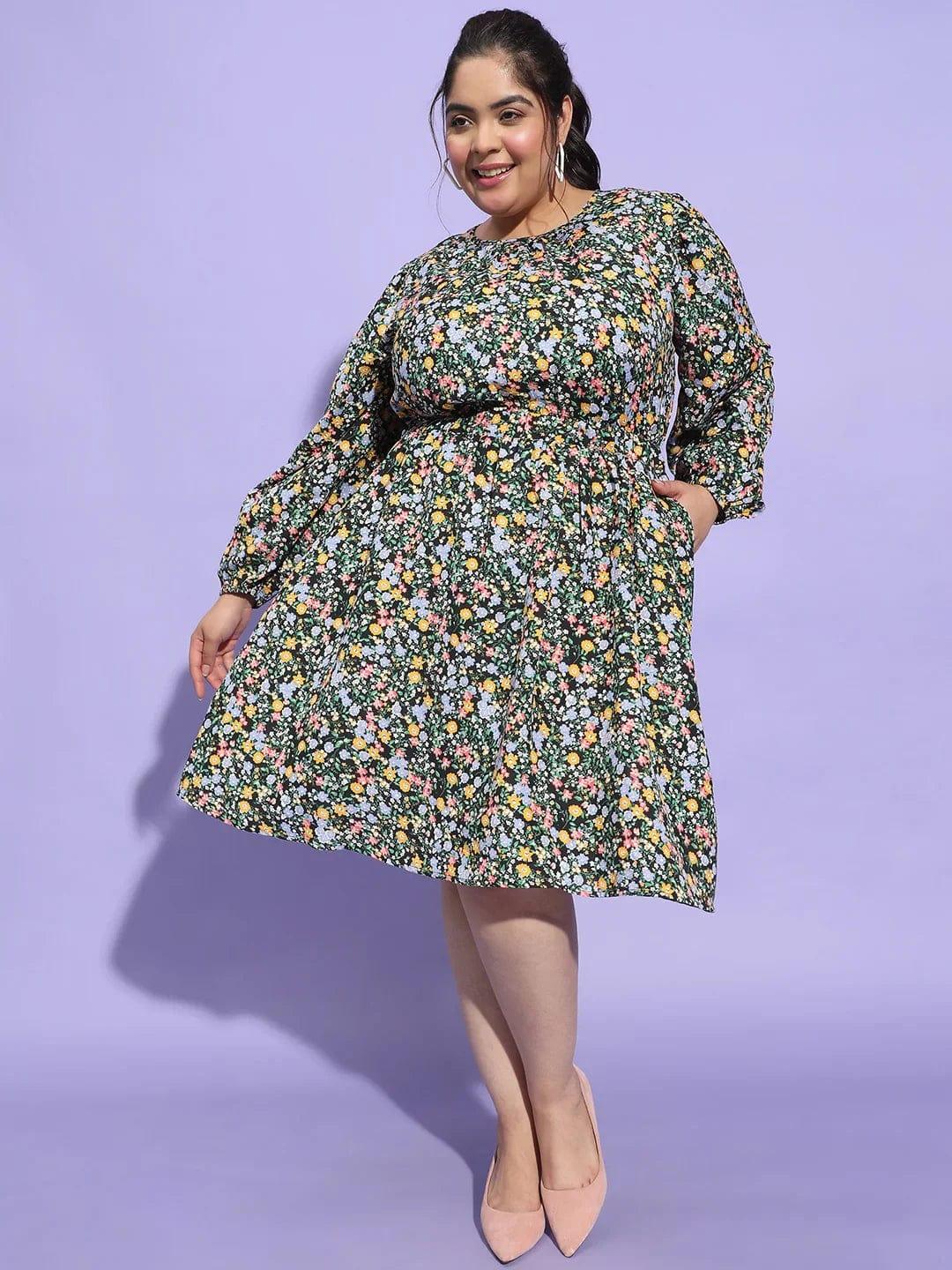 Starlit Multicolor Floral Print  Flare Plus Size Curvy Dress