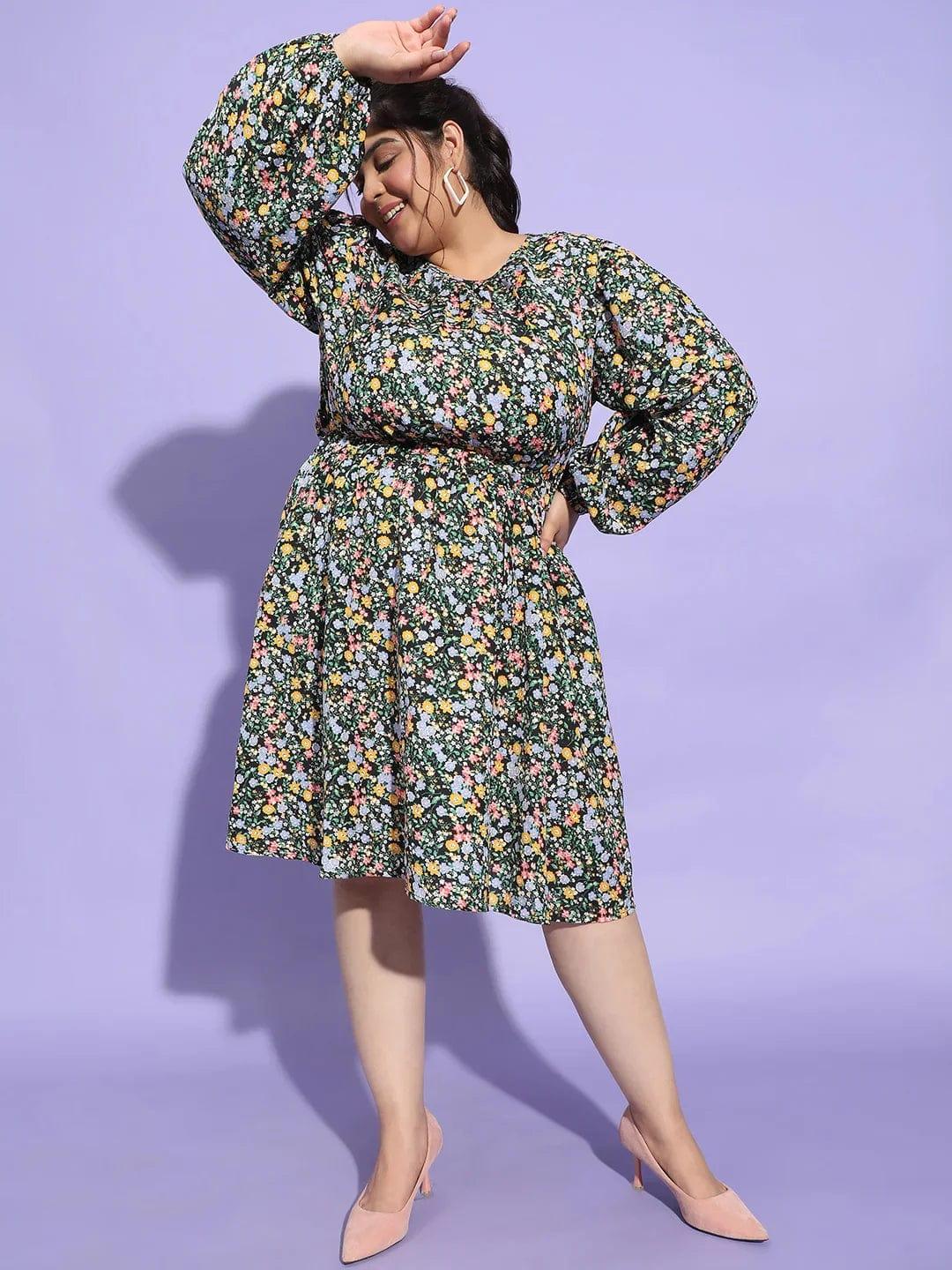 Starlit Multicolor Floral Print  Flare Plus Size Curvy Dress