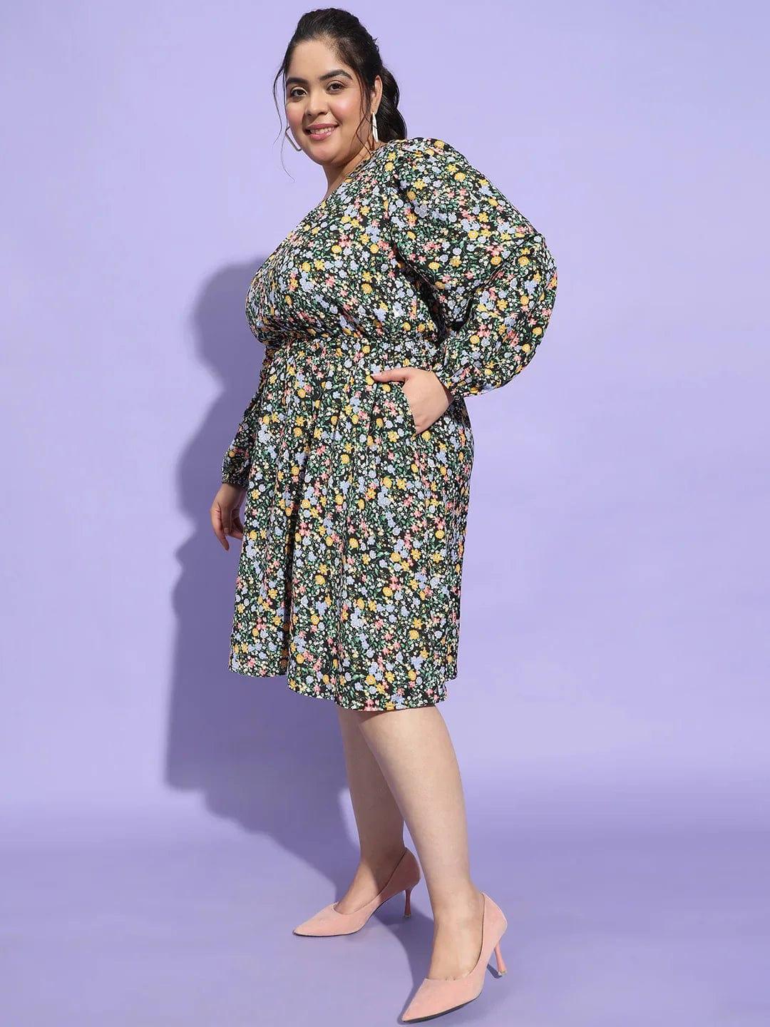 Starlit Multicolor Floral Print  Flare Plus Size Curvy Dress