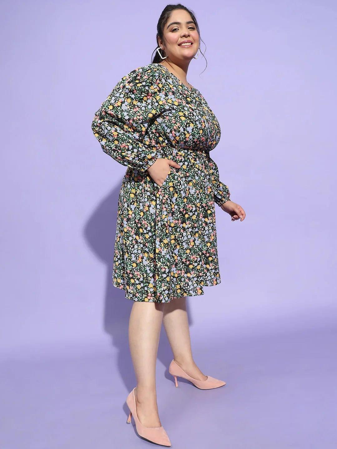 Starlit Multicolor Floral Print Flare Plus Size Curvy Dress - oxolloxo