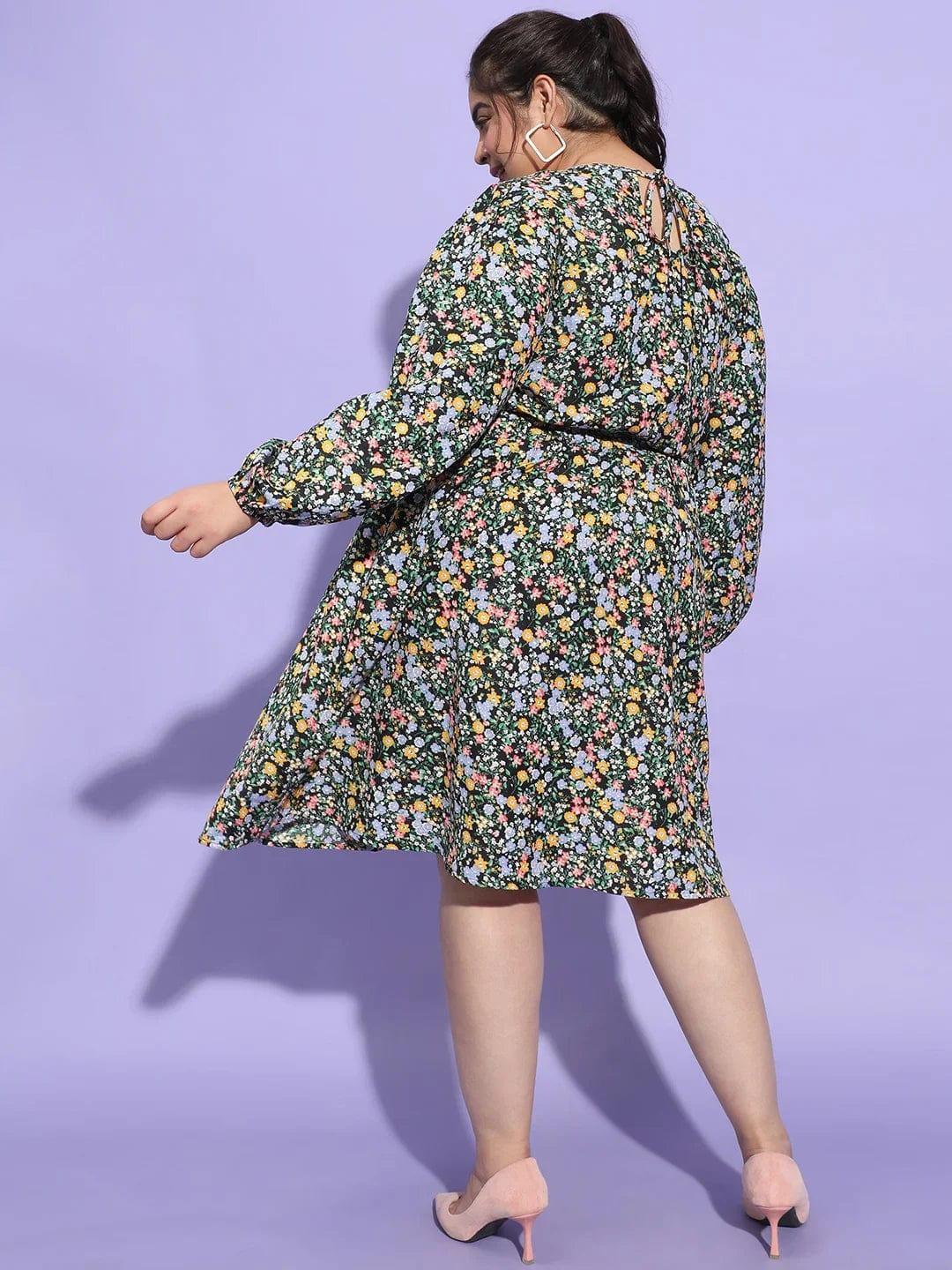 Starlit Multicolor Floral Print Flare Plus Size Curvy Dress - oxolloxo