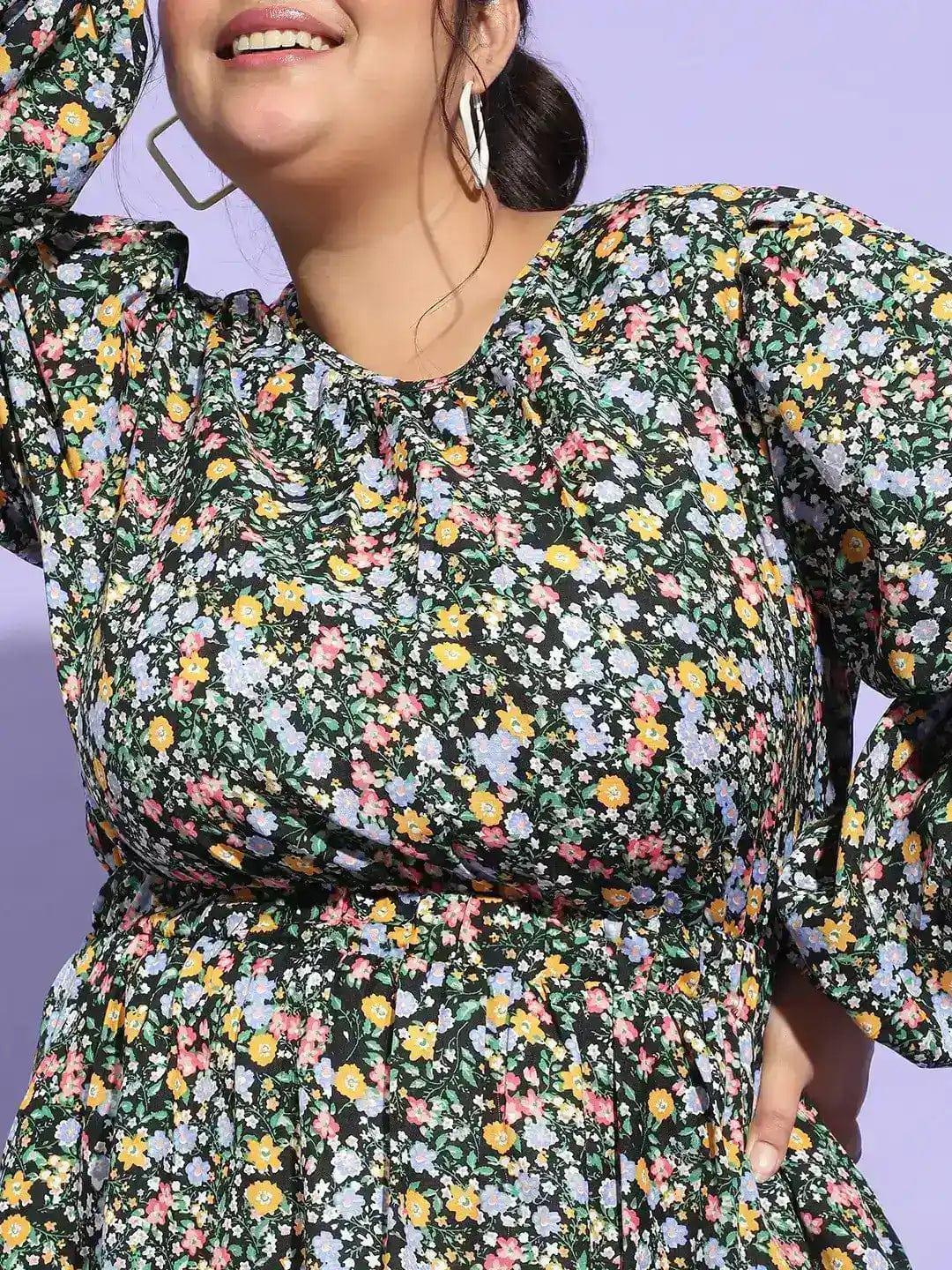 Starlit Multicolor Floral Print Flare Plus Size Curvy Dress - oxolloxo