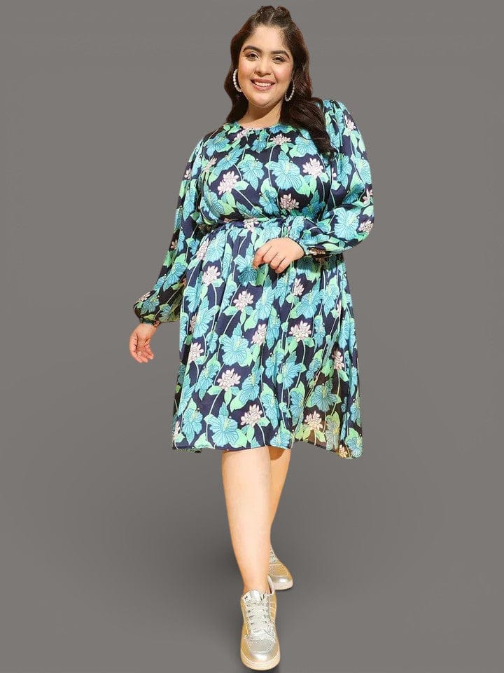 Radiated Multicolor Floral Print Flare Plus Size Curvy Dress