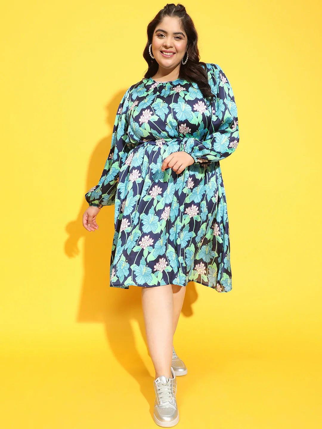 Radiated Multicolor Floral Print Flare Plus Size Dress