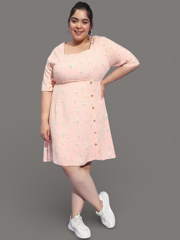 Plus Size Peach Floral Print Dress