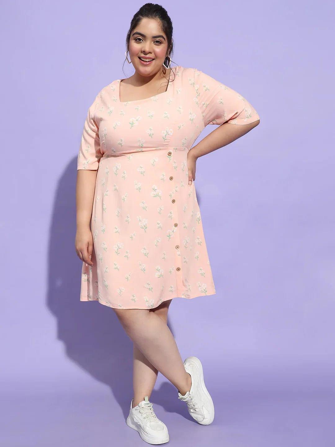 Prettyish Peach Floral Print Button Plus Size Curvy Dress