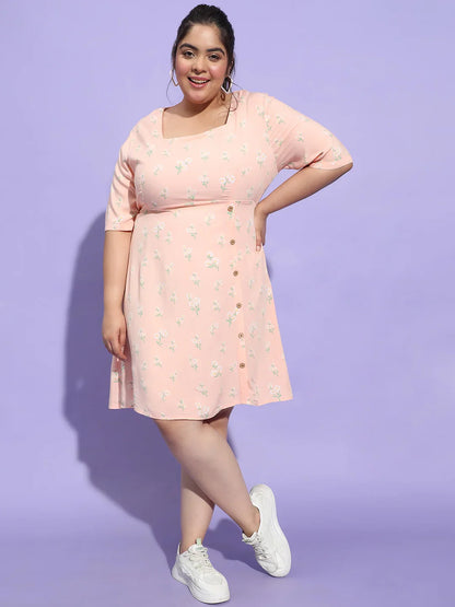 Prettyish Peach Floral Print Button Plus Size Dress