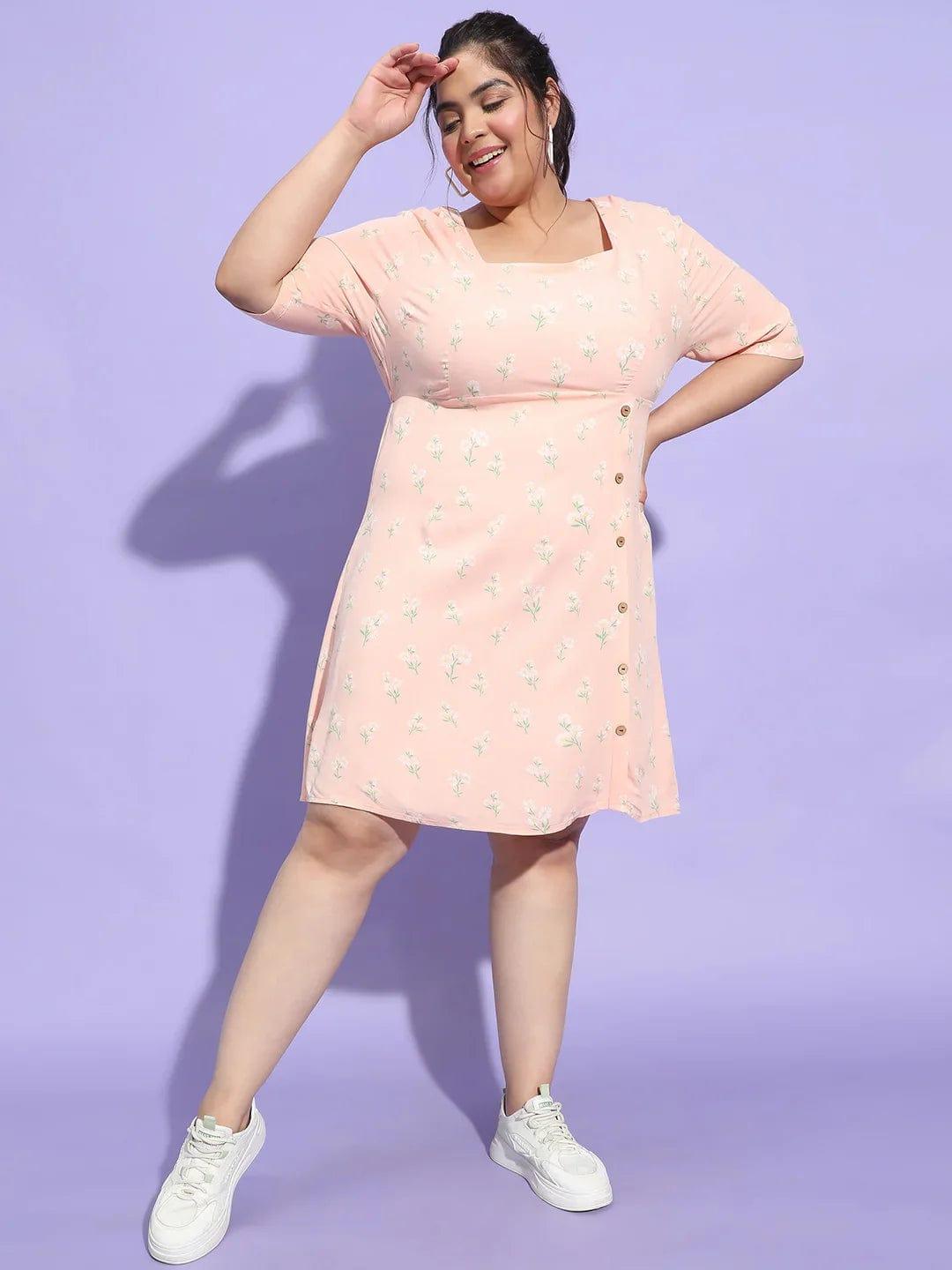 Prettyish Peach Floral Print Button Plus Size Curvy Dress