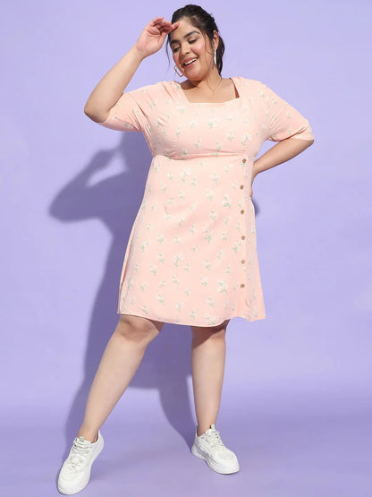 Prettyish Peach Floral Print Button Plus Size Dress