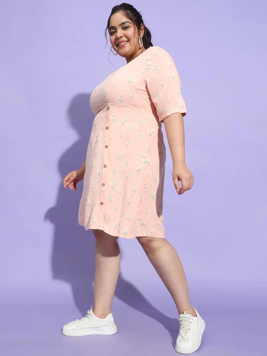 Prettyish Peach Floral Print Button Plus Size Curvy Dress