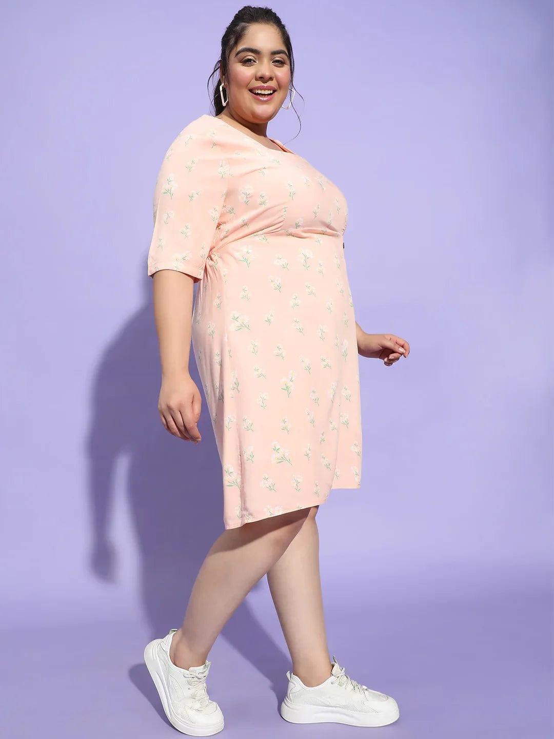 Prettyish Peach Floral Print Button Plus Size Curvy Dress