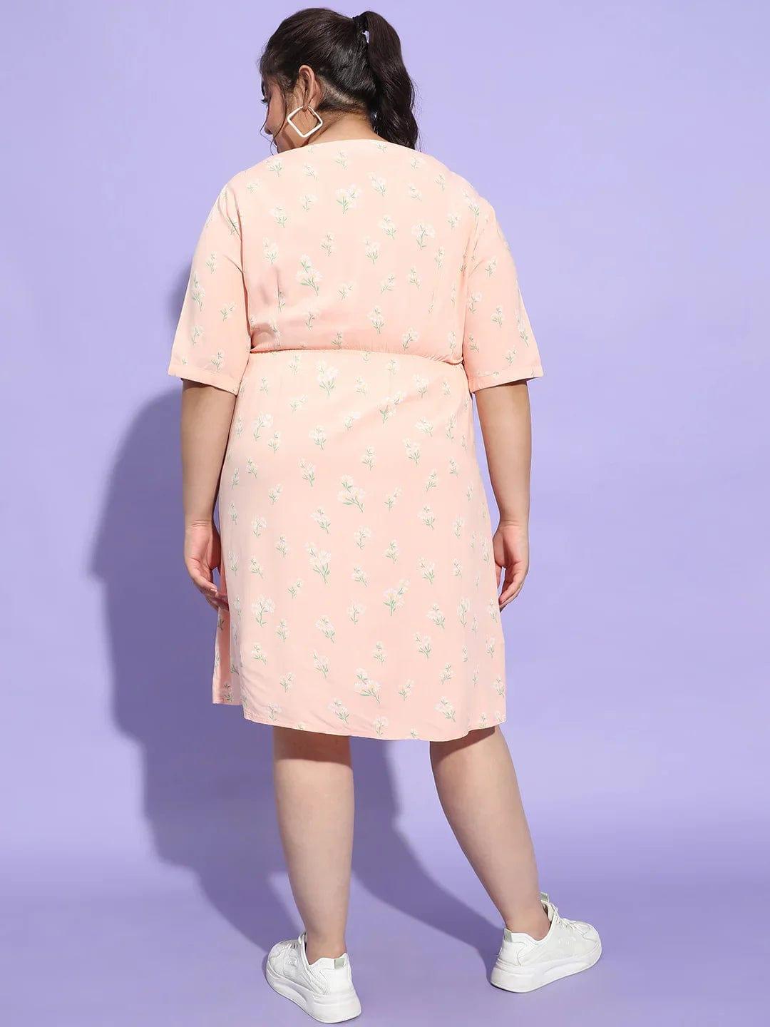 Prettyish Peach Floral Print Button Plus Size Curvy Dress