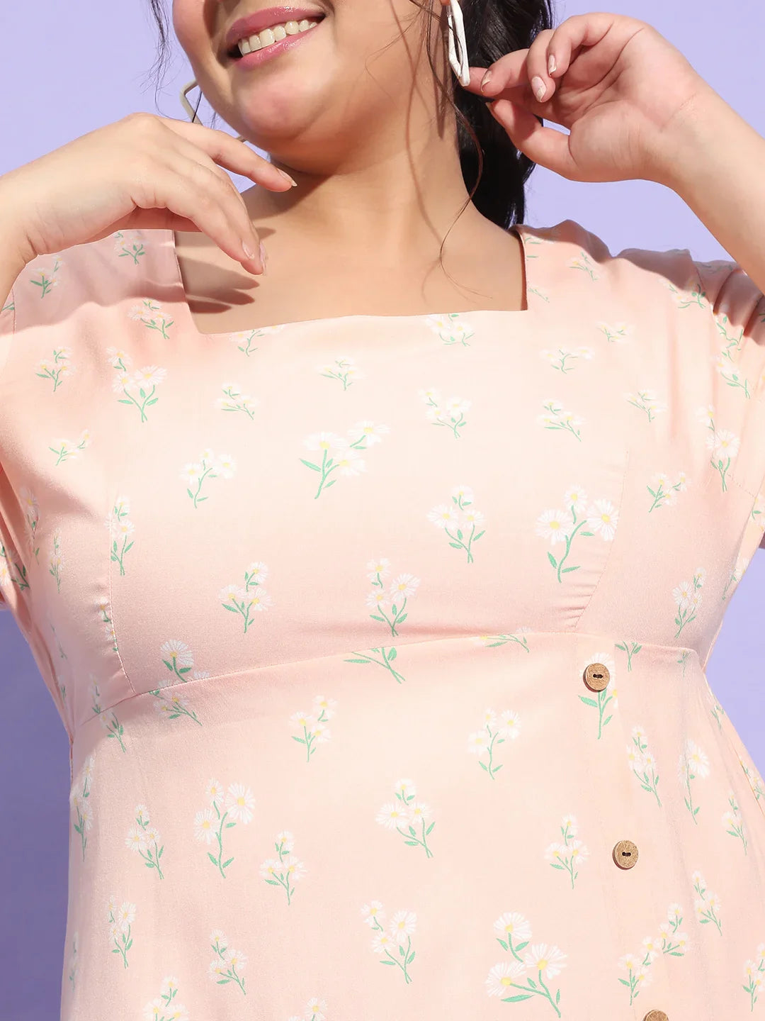 Prettyish Peach Floral Print Button Plus Size Dress