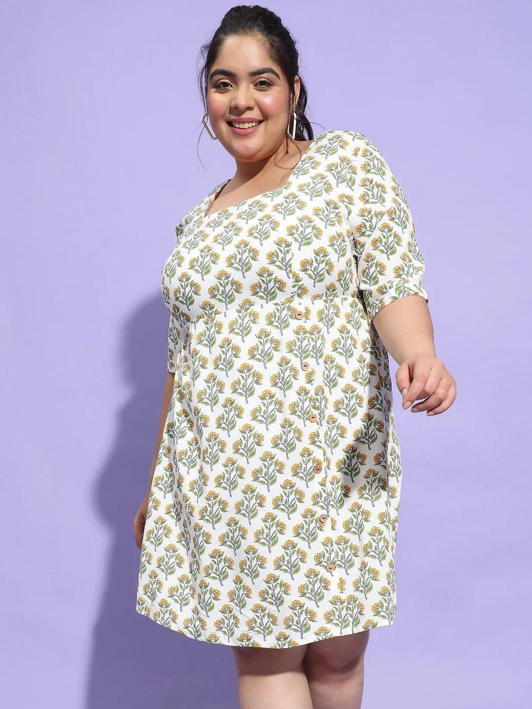 Esthetic Multicolor Floral Print Button Plus Size Curvy Dress