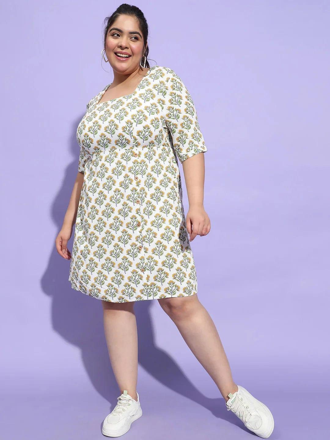 Esthetic Multicolor Floral Print Button Plus Size Curvy Dress